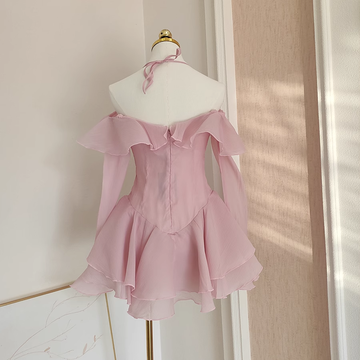 A Line Halter Ruffles Pink Vacation Dresses Short Chiffon Birthday Outfits SD342